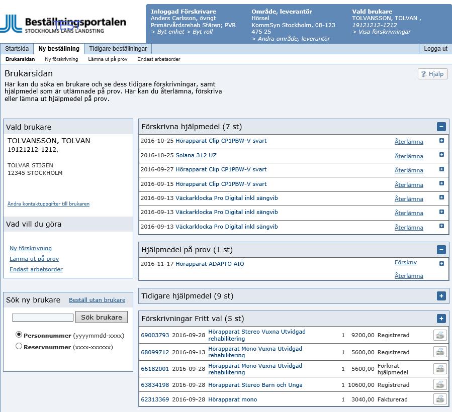 Brukarsidan visar brukarens adressuppgifter och förskrivna huvudhjälpmedel.