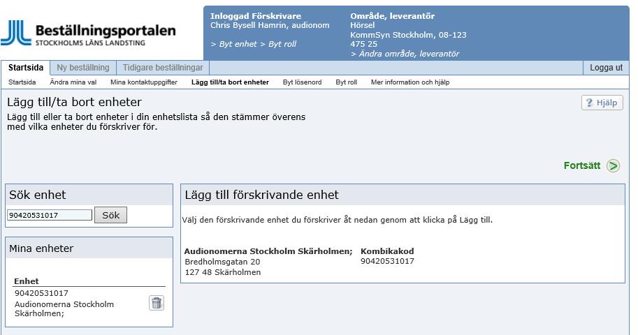Välj hjälpmedelsområde/område och leverantör I detta steg görs val av enhet, område och leverantör. Har du bara lagt till en enhet i föregående steg så behöver du inte välja någon enhet.
