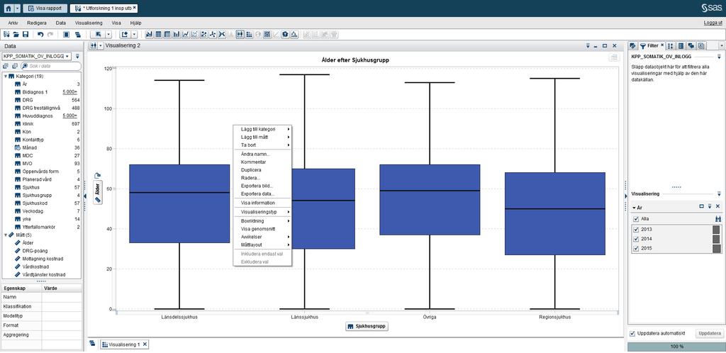 EXPLORER Du kan ändra olika egenskaper för varje visualiseringsobjekt, högerklicka i objektet och en attributmeny visas Högermenyn innehåller olika inställningar som