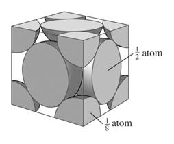 Silvermetall kristalliserar i en enhetscell som är ytcentrerad kubisk. Enhetscellens sidlängd är 409 pm. Beräkna silvermetallens densitet. Copyright Cengage Learning.