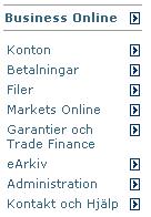 Vägledning med vänstermeny Allmänt Under Likviditetsstyrning i Business Online är det möjligt att hämta information om Cash Pool produkten, Multicurrency Cash Pool.