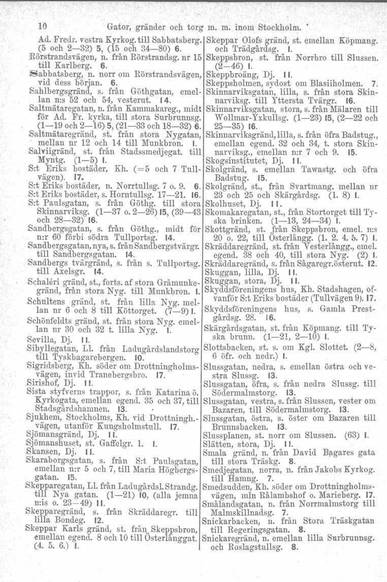 10 Gator, gränder och torg m. m. inom Stockholm.. Ad. Fredr, vestra Kyrkog. till Sabbatsberg. Skeppar Olofs gränd, st. emellan Köpmang. (5 och 2-32) 5, (15 och 34-80) 6. och Trädgårdsg. I.