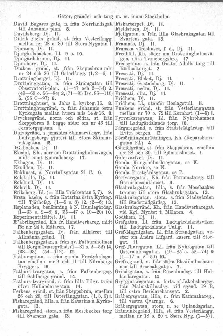 4 Gator, gränder och torg m. m. inom Stookholm, David Bagares gata, n. från Norrlandsgat. Piskartorpet. Dj. II. till Johannia plan. 8. Fjeldstuen, Dj. II. Davidsberg, Dj, II. Fjellgatan, s.