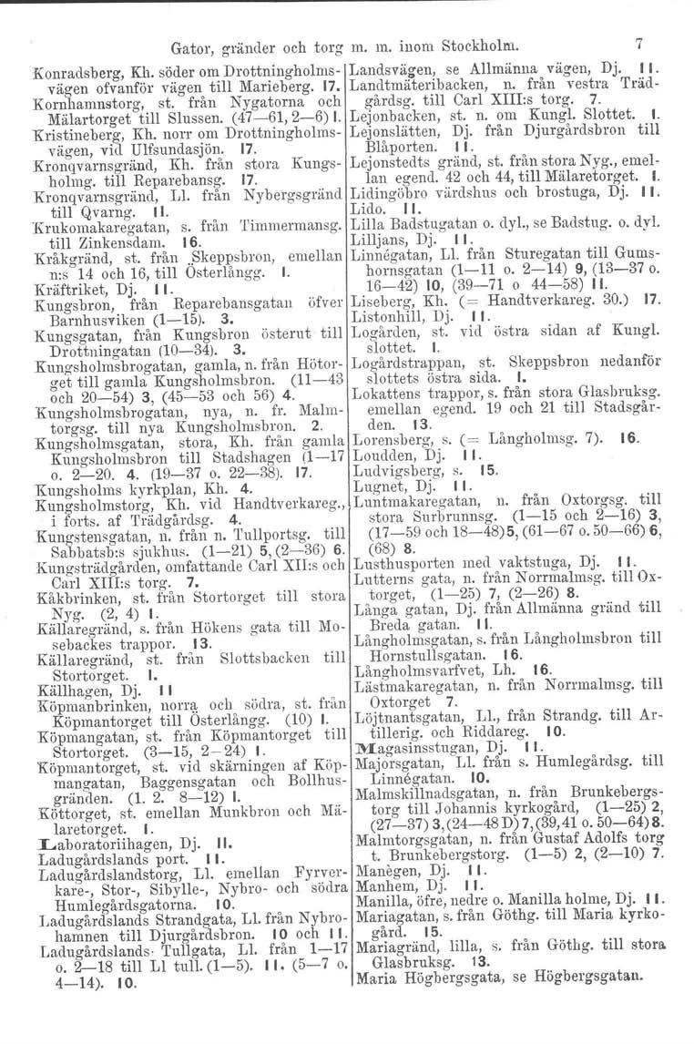 Gator, gränder och torg m. m. inom Stockholm. 7 Konradsberg, Kh. söder om Drottningholms- Landsvägen, se Allmänna vägen, Dj, II. vägen ofvanför vägen till Marieberg. 17. Lanc1tmäteribacken, n.