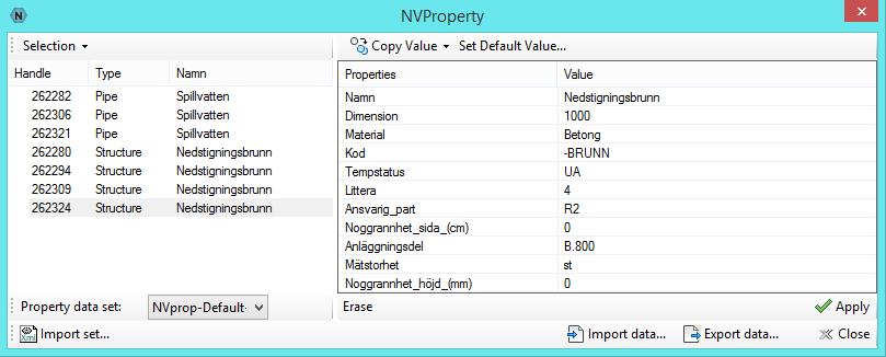 Naviate Properties (5.2) Naviate > Projekt/Generellt NVProperty Lägger till användardefinierade egenskapsdata på AutoCAD och Civil 3D-objekt.