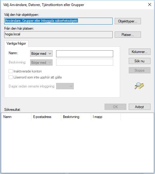 Ange namn (eller grupp) och klicka på Sök nu.