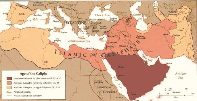 13 7 ISLAMISKA RIKET 7.1 Islamiska riket mellan 700 talet och 1000 talet Den islamiska styrkan nådde Spanien år 711 och här tar det stopp i väster för den islamiska styrkan.