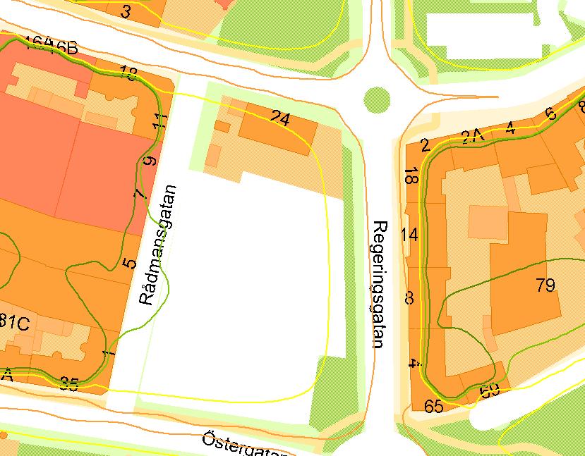 Bullerkartläggning 0 GIS-portalen - Orange kurva visar ekvivalent bullernivå på db(a) - Gul kurva visar ekvivalent bullernivå på 0dB(A) - Grön kurva visar ekvivalent bullernivå på db(a)
