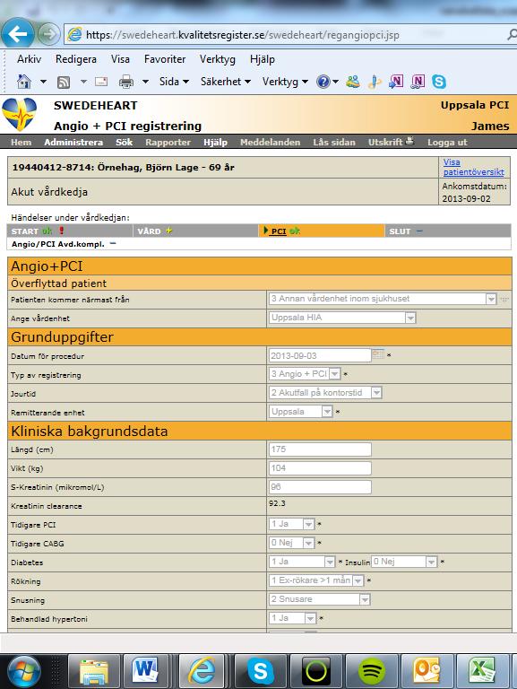 SWEDE HEART Name, personal ID number Refered from Administrative data Date of procedure Type of registration Office /call service Local hospital Clinical background and prior CV disease Body length