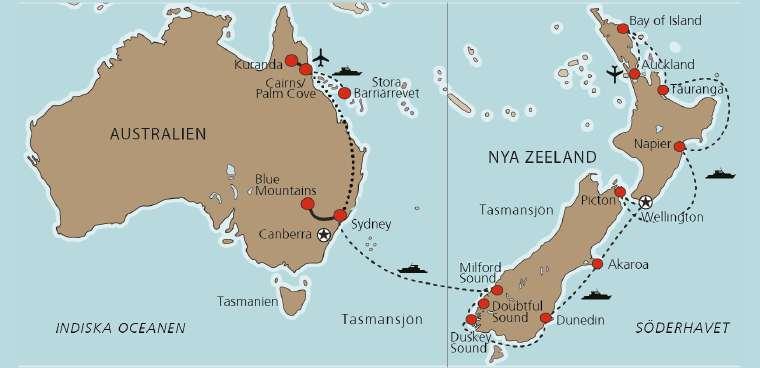 Prisuppgifter Avresa Hemkomst Antal dagar Del i dubbelrum Enkelrum 16 november 2018 9 december 2017 24 67 950 kr 93 450 kr Kryssning Australien och Nya Zeeland I priset ingår: Flyg från