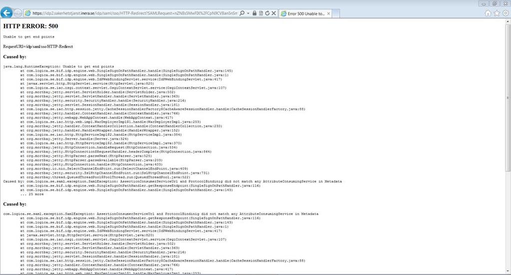 2.1.2 Felmeddelande om att Ineras säkerhetstjänster inte svarar (error 500) Användaren har gått till NPÖ och skickats vidare till Säkerhetstjänster för autentisering.