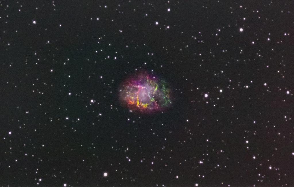 5 KRABBNEBULOSAN Michael Hultström Uppsala M1, Krabbnebulosan. 200 minuters exponeringstid, lum-ha-sii-oiii som LRGB via itelescope T18. Michael Hultström 2016.