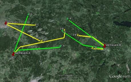Lägesbyten En generell beskrivning av simuleringsmodellen är att vi söker efter möjliga rena byten av destinationer som en specifik transport kan göra från givet avlägg.