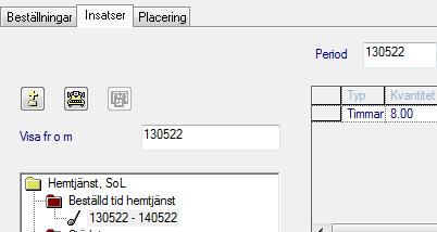 1.4.2 Markera noten för Beställd tid hemtjänst för att kunna se den beställda tiden: 1.4.3. Markera insatsnoten med startdatum. Klicka på knappen Ny detalj: 1.4.4 Lägg in timmar: minuter per vecka, dag eller månad.