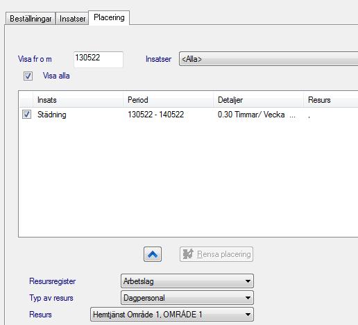 1.5 Lägga till resurs på insatsen 1.5.1 Gå till fliken Placering. Längre ned på sidan finns Placering.