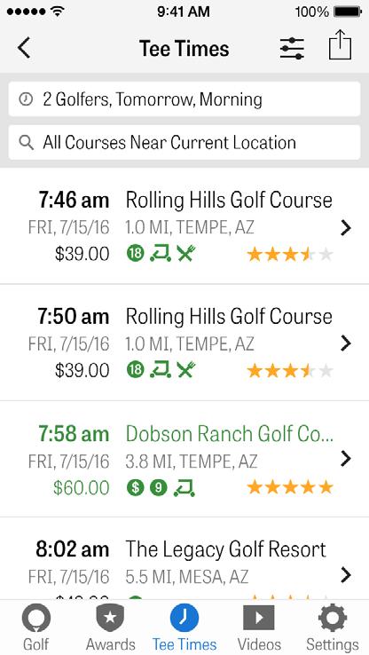 GOLFNOW TEETIDER Du kan söka och boka in-app GolfNow starttider med exklusiva rabatter för Golfshot medlemmar.