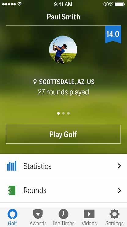 HEMSKÄRM Spela Golf: Tryck Spela Golf för att börja en runda med Golfshot. Pro medlemmar, ni kan välja en anläggning och börja er runda.