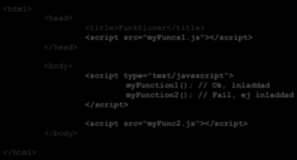Ordningen spelar roll <html> </html> <head> </head> <body> </body> <title>funktioner</title> <script src="myfuncs1.