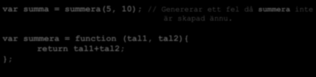 Detta gäller inte om funktion och anrop ligger i olika filer Funktionsuttryck: var