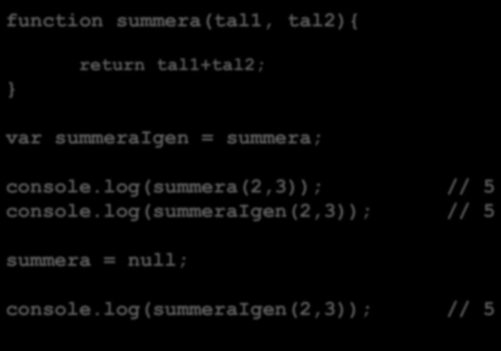 Funktioner function summera(tal1, tal2){ } return tal1+tal2; Detta betyder att vi inte har någon overloading, överlagring var