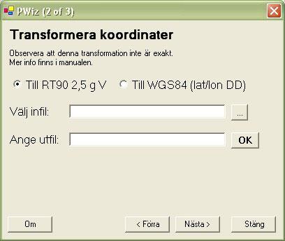 Observera dock att denna transformation som görs inte är exakt, utan följer det förenklade sambandet mellan koordinatsystemen som bl a redovisas på Lantmäteriets hemsida som handlar om geodesi (www.