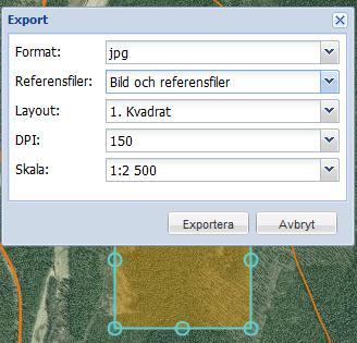 Spara kartbild - Förutom att spara den PDF som genereras inför en utskrift, så kan man skapa en karta i bildformat Tillvägagångssättet är likt utskriftens, men nu finns några fler valmöjligheter