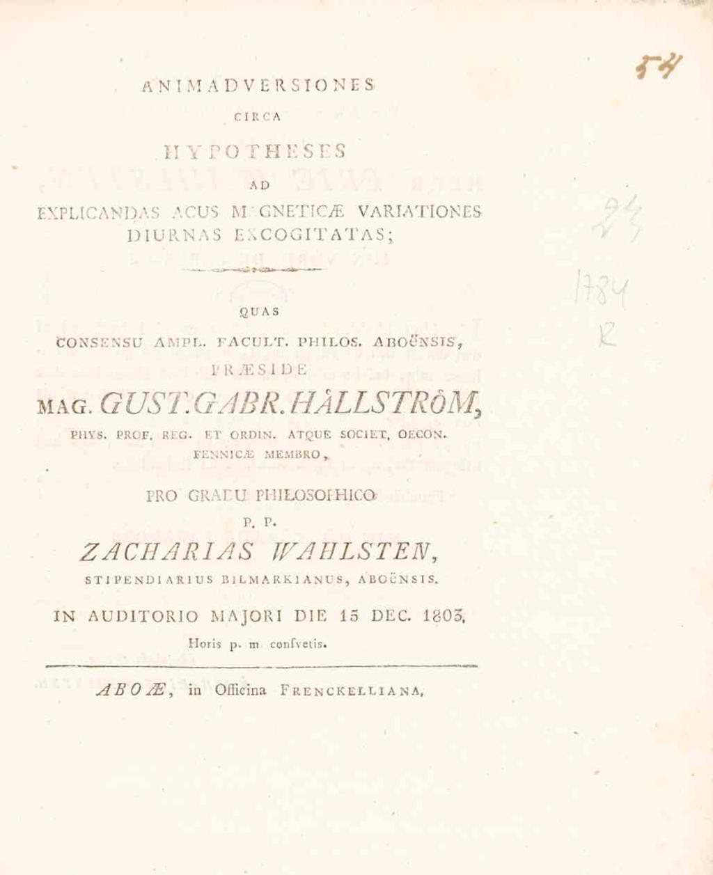 , ANIMADVERSIONES CIRC A.HYPOr H 1. S E S AD EXPLICANDAS ACUS MAGNETICffi VARIATIONES DIURNAS E7COGITATAS; QUAS CONSENSU AMPL. FACULT. PHILOS. ABOeNSTS, I' R M S 1 D E mag. GUST.G/JBR.HALLSTR6M, PHYS.