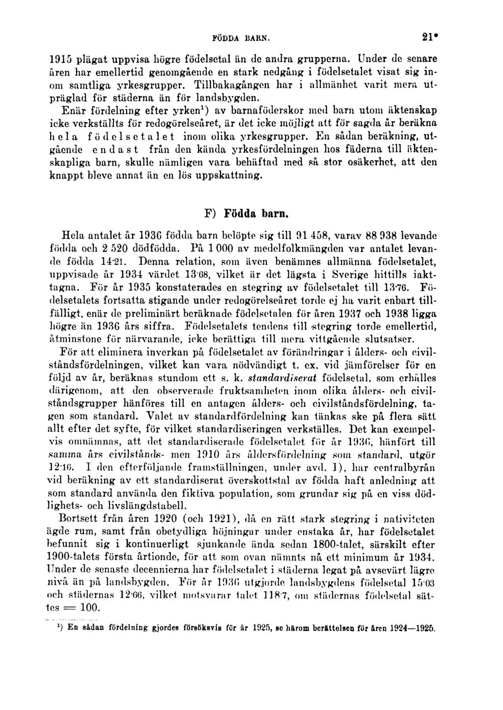 FÖDDA BARN. 21* 1915 plägat uppvisa högre födelsetal än de andra grupperna. Under de senare åren har emellertid genomgående en stark nedgång i födelsetalet visat sig inom samtliga yrkesgrupper.