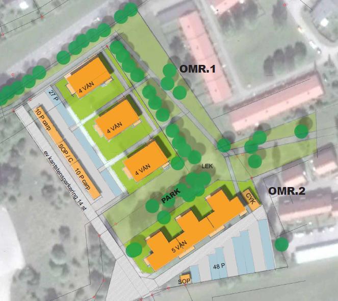 Figur 2. Planområdet med förslag på bostäder i 4 respektive 5-våningshus. Benämningen Hus A- D, har använts i denna utredning 1.