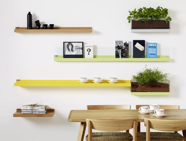 14 FRONT HYLLA SHELF Utförande: Massiv ek, björk, standardfärger och standardbetser på ek. Samtliga hyllor skruvas rakt in i vägg, djup 160 och 250 mm förstärks även med dold konsol.