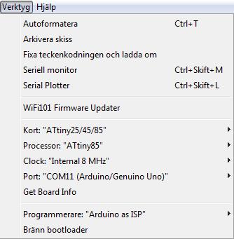 Nu kopplar du in Arduino med ATtiny och klickar Bränn bootloader. (förbereder ATtiny för koden).