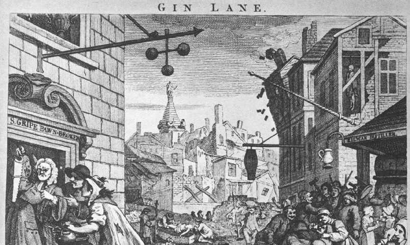 (Gin Lane, W. Hogarth, 1751, engraving.