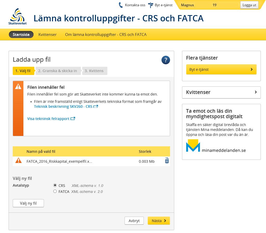 Om den XML-fil som du laddat upp innehåller ett eller flera fel får du information om vilka felen är i en teknisk felrapport som du kan skriva ut eller ladda ned.
