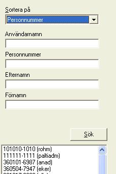 Användarhandbok SÄKERHET Sida 3-3 3.1.2 Sortera Du kan sortera listor med användare efter Användarnamn, Efternamn Förnamn eller Personnummer.