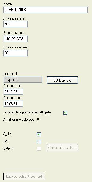 Användarhandbok SÄKERHET Sida 3-11 Aktiva användare är de som under menyvalet Användare/Information har bock i fältet Aktiv.
