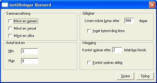 Användarhandbok SÄKERHET Sida 4-1 4 Inställningar/lösenord I fönstret Inställningar lösenord kan du sätta upp regler för lösenord mm.
