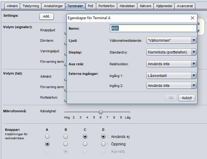 Dörrar / Flik Terminaler Här väljs om terminalen skall visa standardfönstret eller namnlista i displayen. Detta ställer man in under fliken Terminaler/Settings.