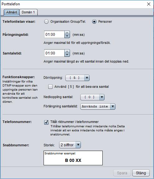 Programmering/driftsättning porttelefoni Inställningar / Porttelefon Flik Allmänt: Det första man bör gå igenom är inställningar för portelefoni under Inställningar / Porttelefon.