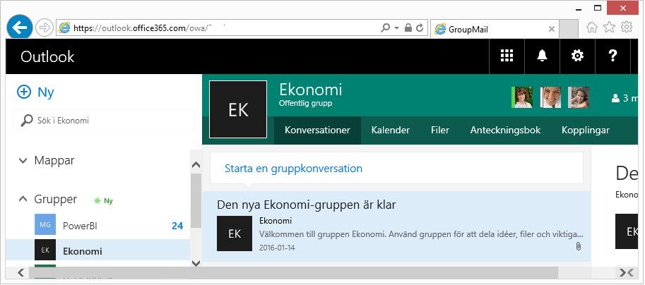 När du skapar en grupp i Office 365 får gruppen en gemensam Sändlista, en OneDrive-mapp, en Kalender och en gemensam OneNote anteckningsbok.