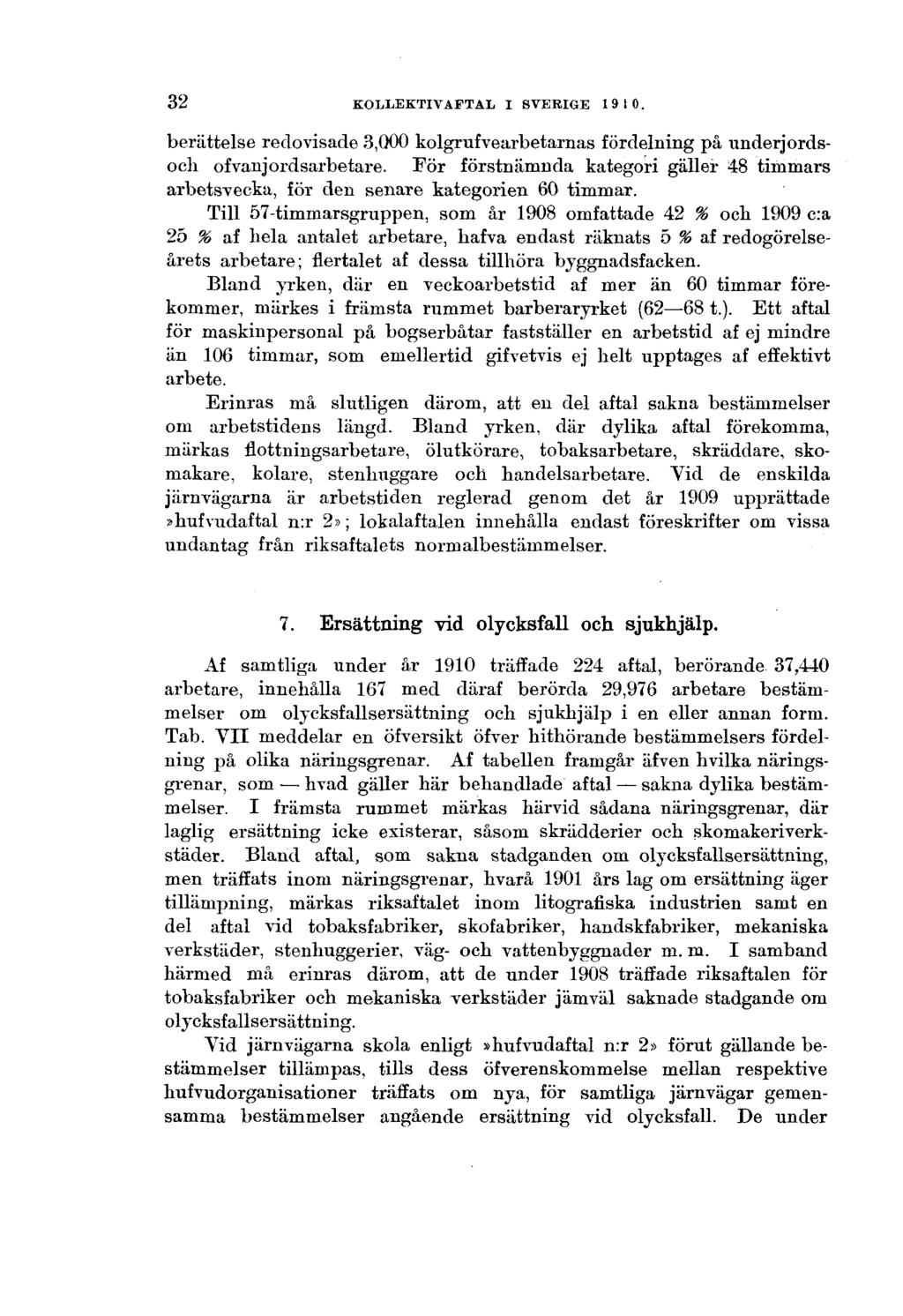 32 KOLLEKTIVAFTAL I SVERIGE 1910. berättelse redovisade 3,000 kolgrufvearbetarnas fördelning på underjordsocli ofvanjordsarbetare.