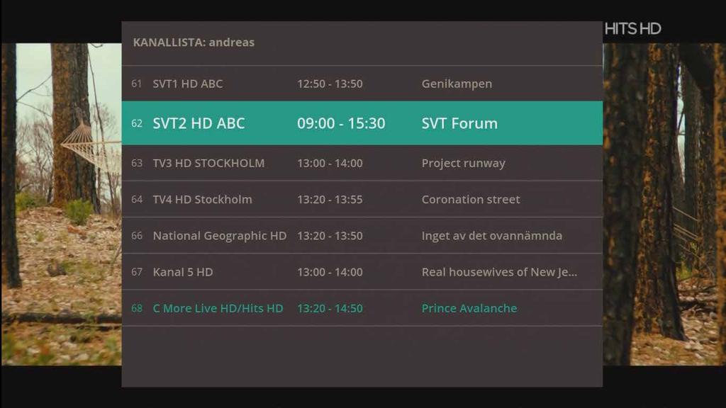 Kanallistor. Om du trycker på när du tittat på ett program får du fram en kanallista.