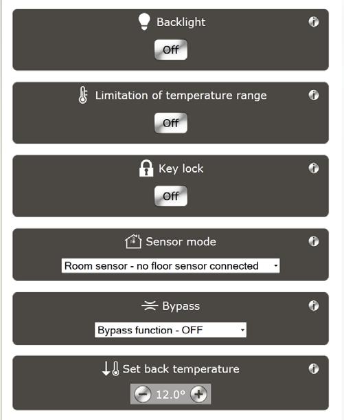 Klicka på ikonen för att få information om larmet. 5. Kugghjulsikon, klickbar, för åtkomst till termostatinställningar. 6. Minska/öka önskad rumstemperatur. 7. Visning av inställd rumstemperatur. 8.