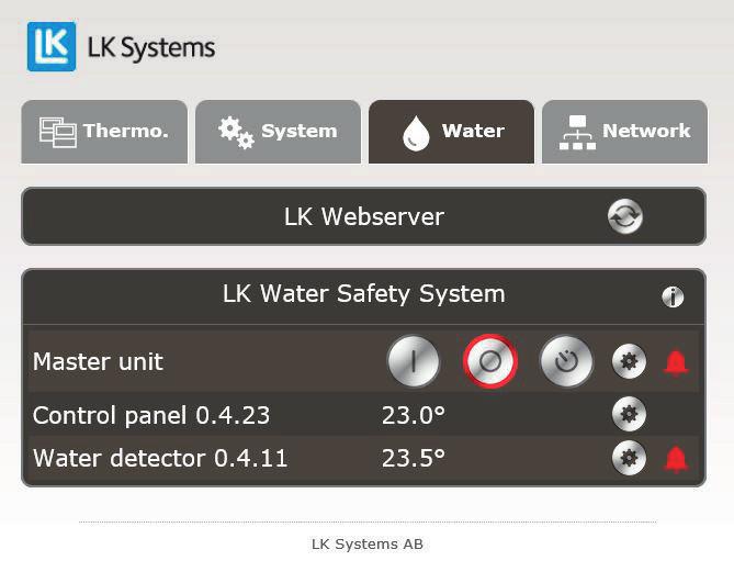 Menyflik Water 3 4 5 Mjukvaruversion. Enhetens adress. Värden för DIP Switchar. 1 2 9 6 7 Under fliken Water kan övergripande funktioner för systemet avläsas och ställas in. 1. Klicka på texten för att byta namn på enheten.