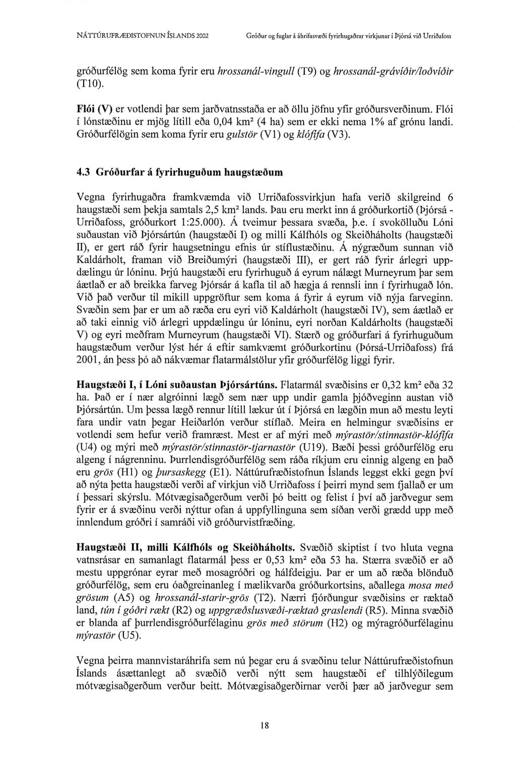 gróðurfélög sem koma fyrir eru hrossanál-vingull (T9) og hrossanál-grávíðir/loðvíðir (T10). Flói (V) er votlendi þar sem jarðvatnsstaða er að öllu jöfnu yfir gróðursverðinum.