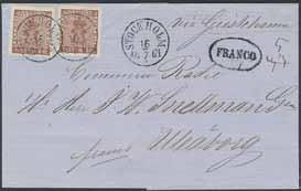263 264 265 266 263 11b 30 öre rödbrun, två ex på mycket vackert brev till Finland, stämplat Stockholm 16.7.1861, ant via Grislehamn samt oval FRANCO-stämpel.