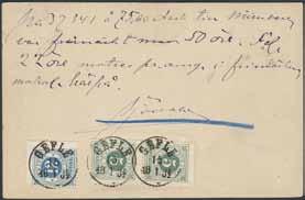000:- 357K 30h, 32g 2 5+12 öre på PS-kort använt för eftertaxering av en underfrankerad postanvisning sänd till Nürnberg. Vackra stämplar GEFLE 15.1.1884. Ex. LTE 2001. * 1.