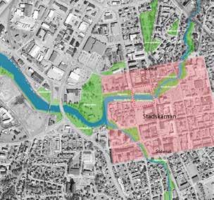 Den norra grenen följer Varnan mot Vågbron och torgen medan den södra följer Lötälven.