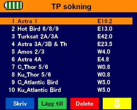Meny TP-sökning 6 Meny TP-sökning Tryck på MENU-knappen. Välj med knappen / och / undermeny TP-sökning och tryck OK. I meny TP-sökning visas härefter en lista över lagrade satelliter.