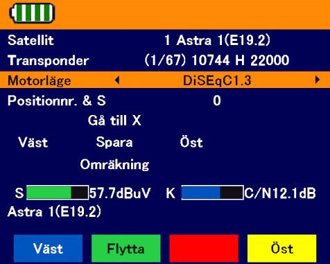 Välj med knappen / och / undermeny DiSEqCmotorsökning och bekräfta ditt val med OK. Tryck på den blåa funktionsknappen för att vrida västerut. Tryck på den gula funktionsknappen för att vrida österut.
