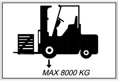 Inne i skåpet finns en skylt som visar högsta tillåtna truckaxelbelastning. Oisolerat golv Max.